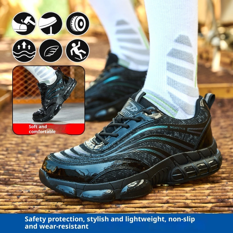 Black safety shoes with breathable mesh, non-slip sole, soft comfort, lightweight design on wooden surface