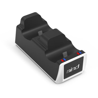 Black and white dual charging dock with Mimd logo and red blue LED indicators