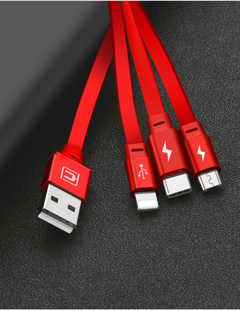 Red multi charging cable with USB-A and three connectors: Lightning, USB-C, Micro USB on dark textured surface