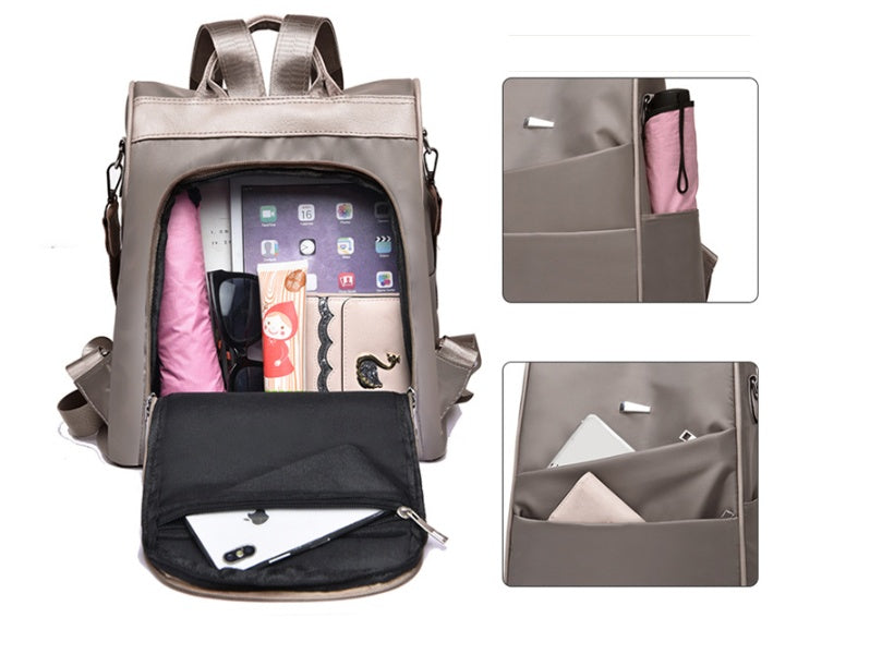 Compact gray backpack with organized compartments holding tablet, sunglasses, wallet, folded umbrella, and phone