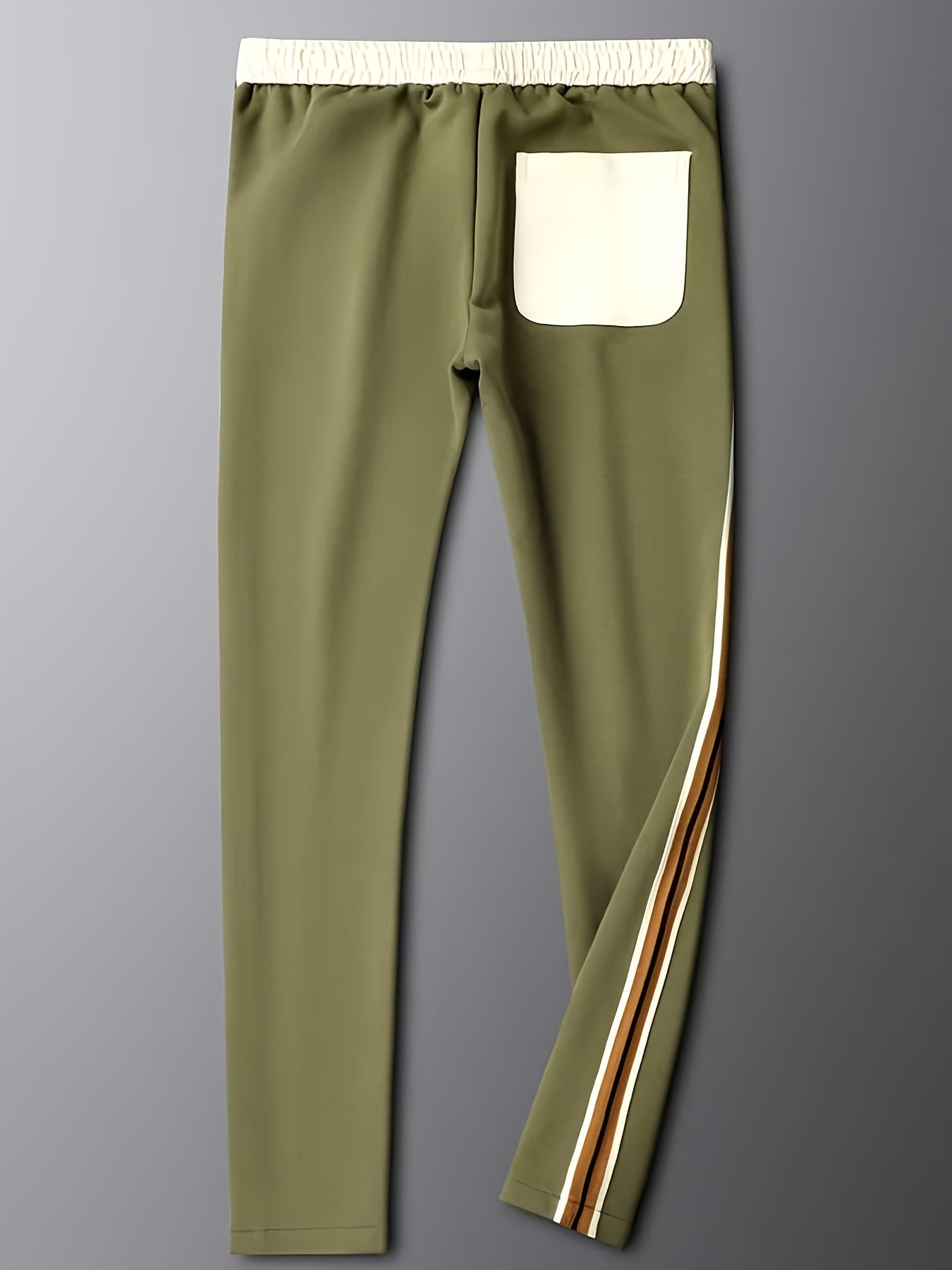 Olive green slim-fit pants with white elastic waistband, rear cream pocket, and brown-white side stripes