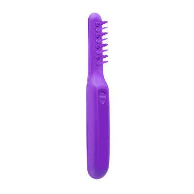 Purple handheld electric lice comb with fine teeth and a power switch on a white background