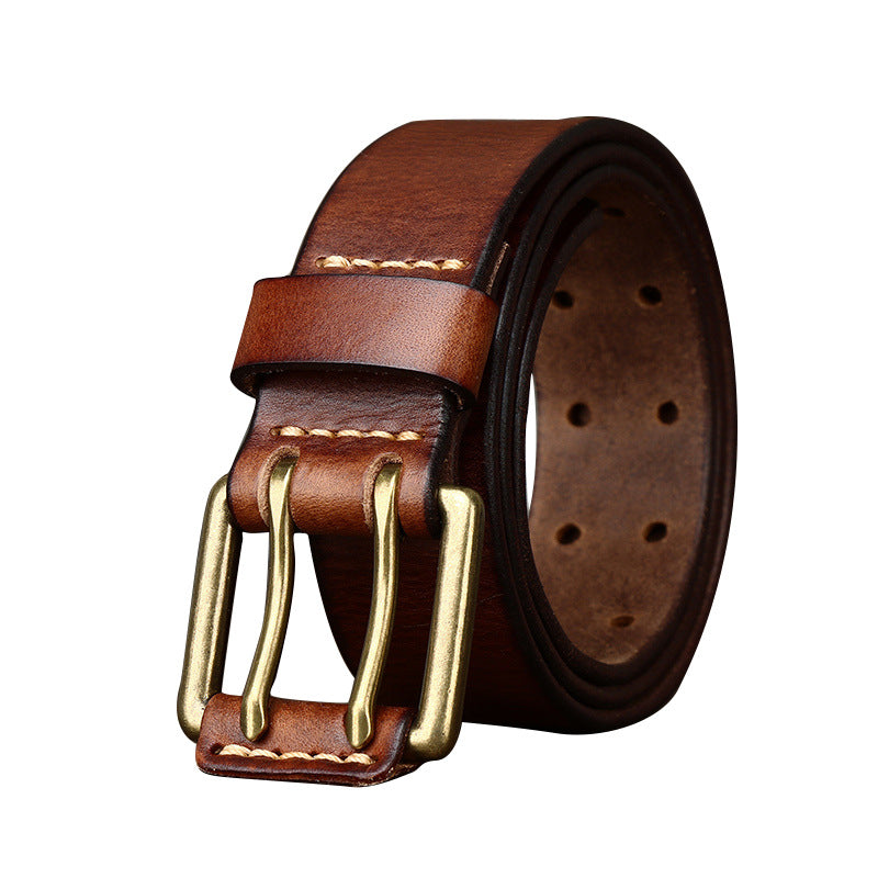 Vintage Leather Belt – Handmade Cowhide Brass Buckle Classic Men's Accessory