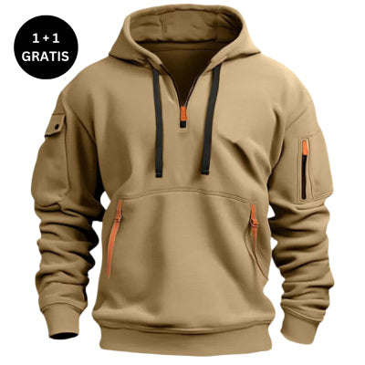 Beige men's hoodie with front and arm zip pockets, black drawstrings, and 1+1 free offer badge