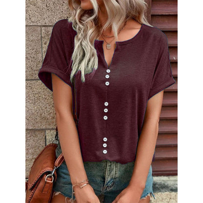 V Neck Blouse - Summer Tops With Button Design & Loose Fit Shirt