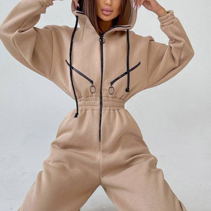 Women's Casual Hoodie Set - Two Piece Outfit With Zipper & Drawstring