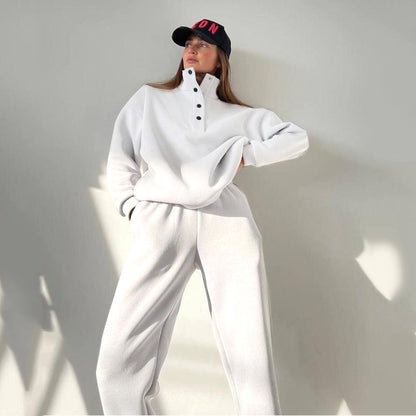Oversized Casual Tracksuit – Women's Solid Color 2 Piece Pant Set With Warm Hoodie