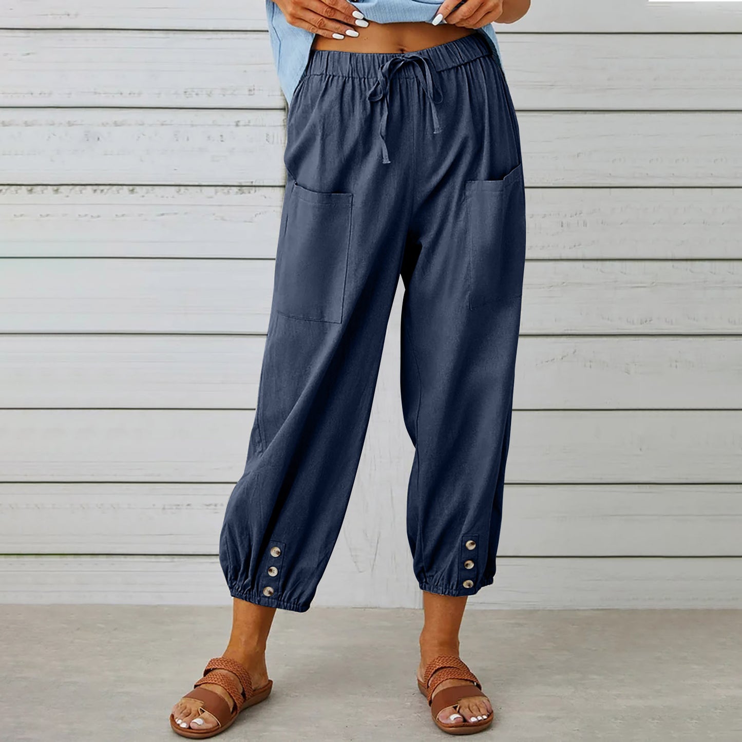 Cotton Linen Pants - Women's Drawstring Waist Trousers With Pockets & Buttons