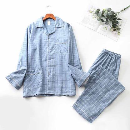 Long Sleeve Pajama Set - Men's Cotton Sleepwear With Lapel Collar & Blue Pattern