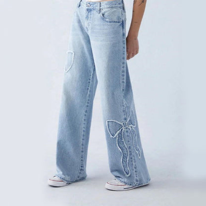 Women's Straight Trousers - Light Blue Denim Embroidered Butterfly Design