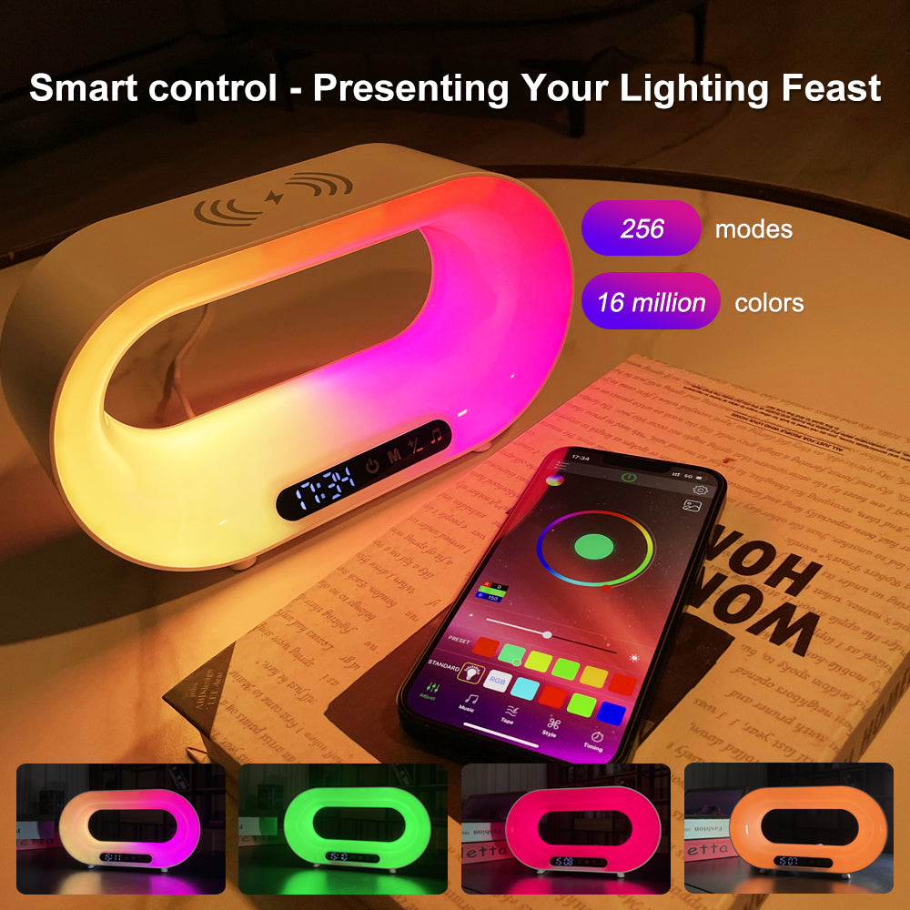 Smart wireless color-changing LED lamp with digital clock and smartphone app control on table