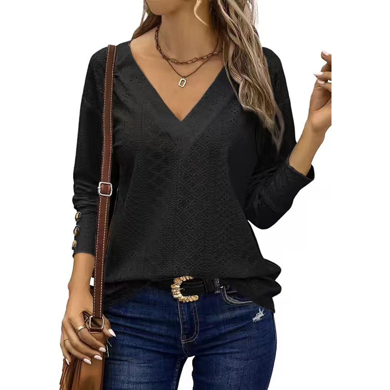 Women Eyelet Blouse - Long Sleeve V Neck Top | Casual Loose Fall Shirt