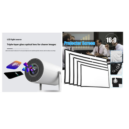 Compact white projector with triple-layer glass lens and 16:9 projector screens in varied sizes