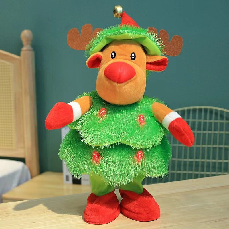Plush reindeer toy dressed as Christmas tree with red nose, antlers, and festive decorations