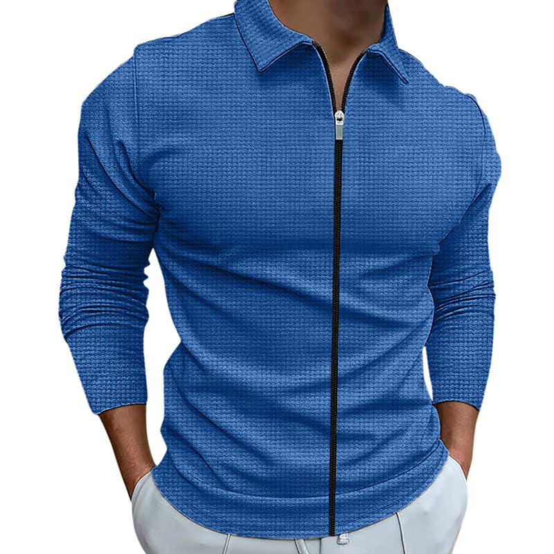 Men's Zipped Jacket Waffle Style Slim Fit Outdoor Sports Top With Lapel Collar