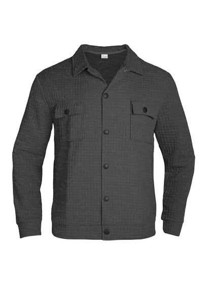 Men's black quilted button-up jacket with chest pockets and long sleeves