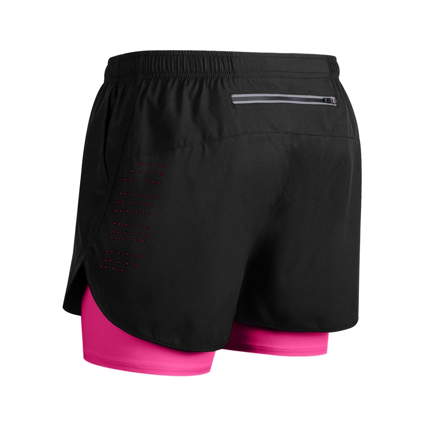 Black women's running shorts with pink compression liner and rear zip pocket on white background