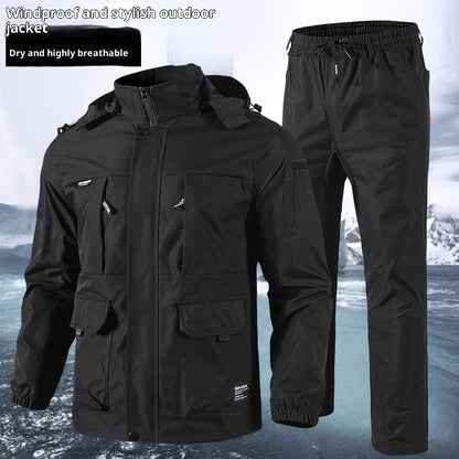 Black windproof and breathable outdoor jacket and pants set for cold weather