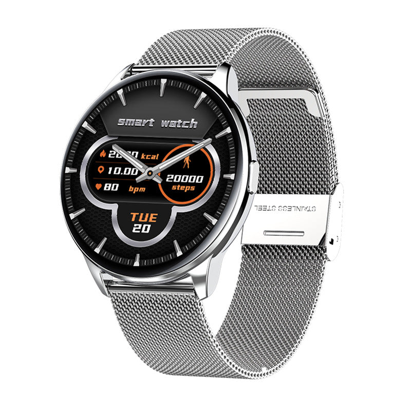 Silver stainless steel smart watch with black digital display showing calories, distance, heart rate, steps, and date