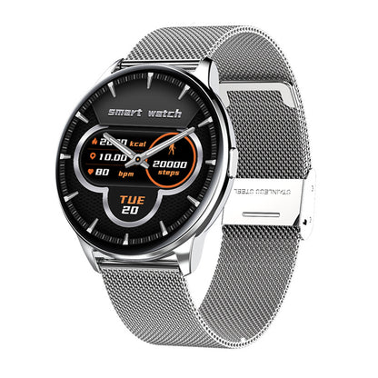 Silver stainless steel smart watch with black digital display showing calories, distance, heart rate, steps, and date