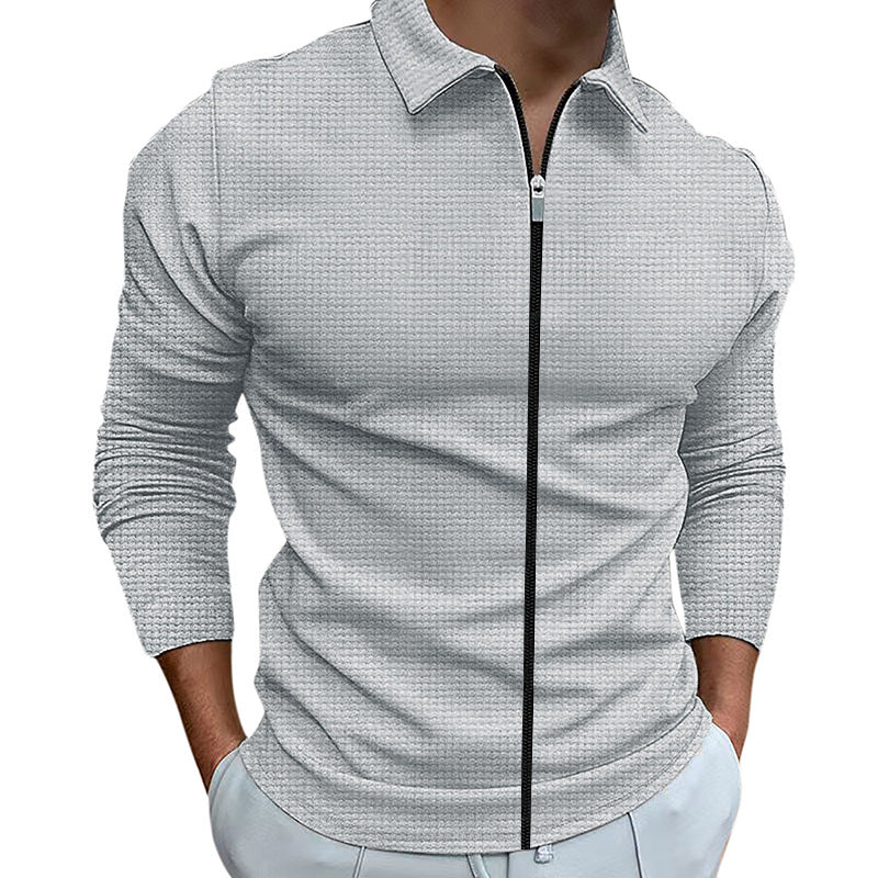 Men's Zipped Jacket Waffle Style Slim Fit Outdoor Sports Top With Lapel Collar
