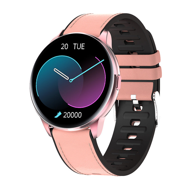 Pink fitness smartwatch with leather strap showing date, step count, and geometric clock face
