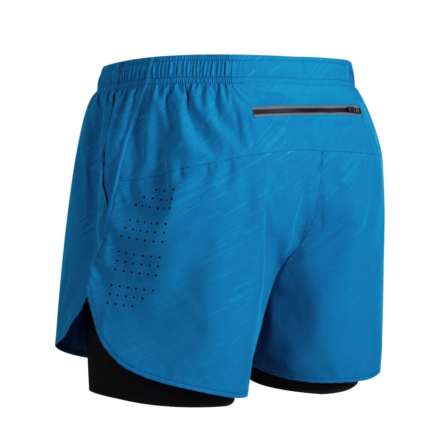Blue men's athletic shorts with black inner lining, side ventilation holes, and back zip pocket
