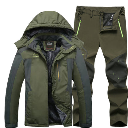 olive green and gray outdoor winter jacket with hood and matching pants featuring zippered pockets