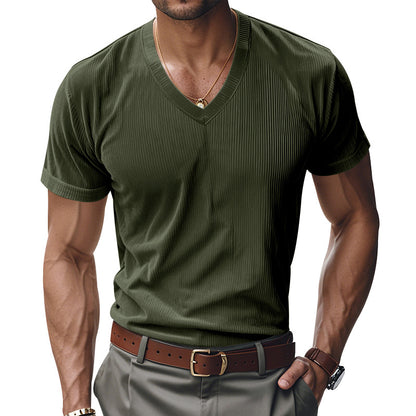 Loose Men's V-Neck Shirt - Casual Polyester Short Sleeve Pullover Tee for Summer
