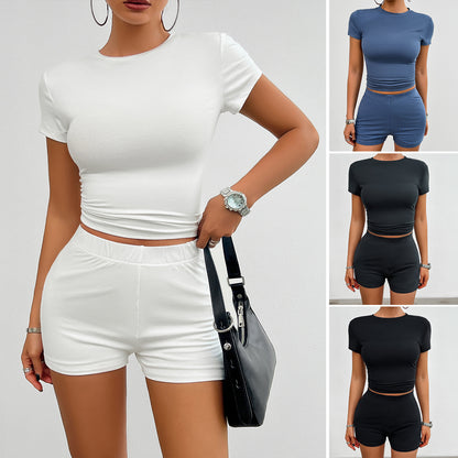 Slim Sports Suit - Women's Summer Sportswear Set With Elastic Shorts & Round Neck T-Shirt