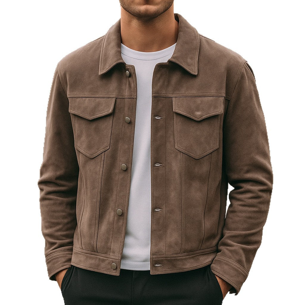 Men's brown suede jacket with front pockets and button closure worn over white shirt