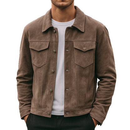 Men's brown suede jacket with front pockets and button closure worn over white shirt