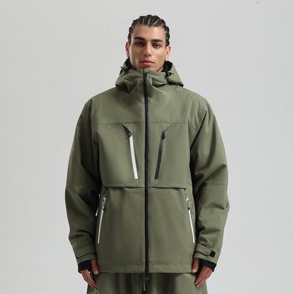 Man wearing olive green hooded waterproof winter jacket with black and white zipper pockets