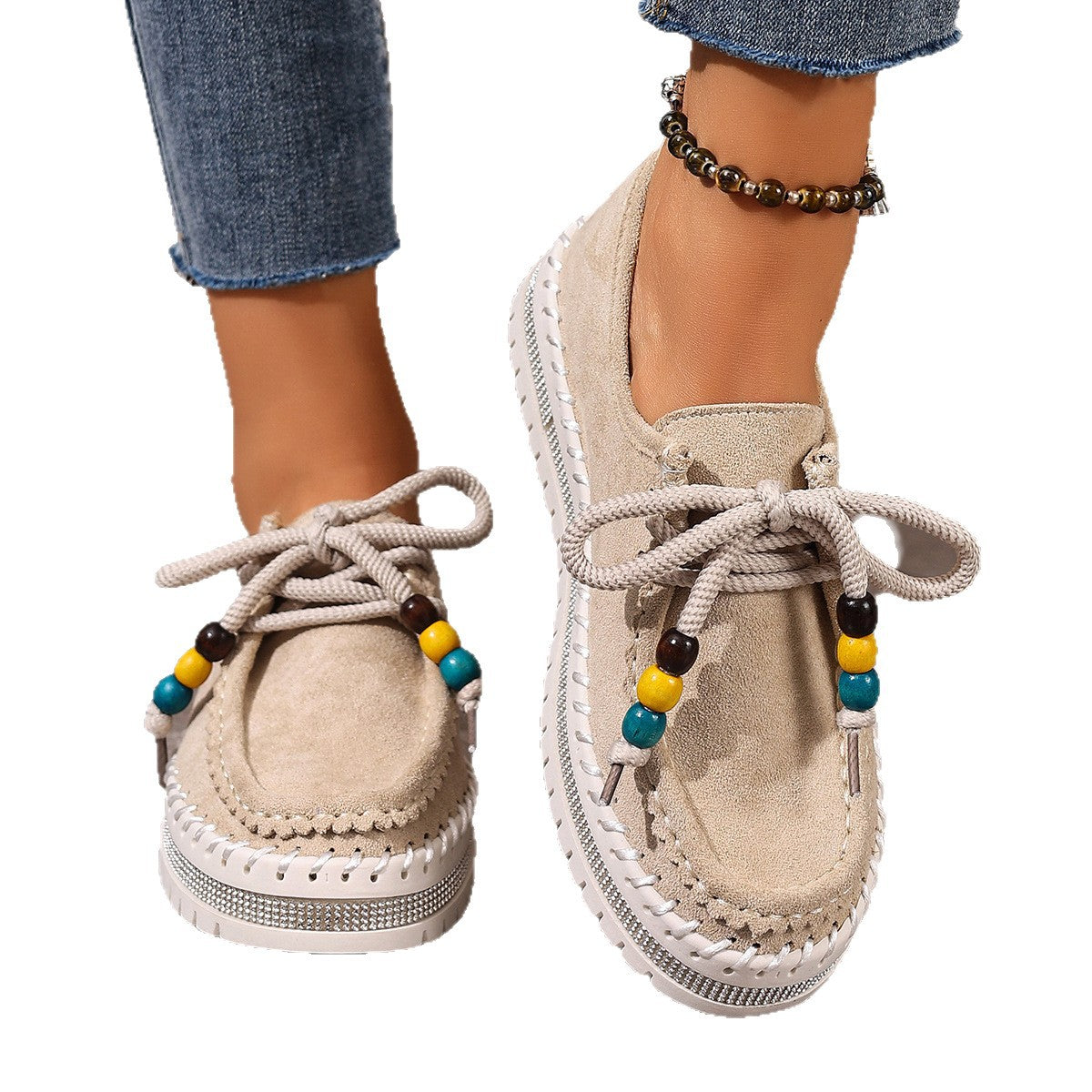 Women's Thick-Soled Flats | Retro Beige Suede Casual Shoes With Rubber Sole