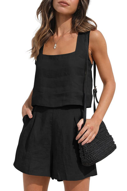 Women's Summer Suit - 2 Piece Outfit With Square Neck Top & Shorts Set