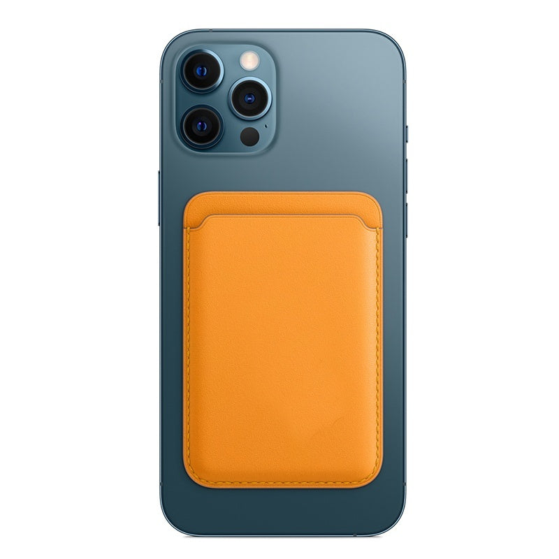 Blue smartphone with triple camera and attached orange leather card holder wallet