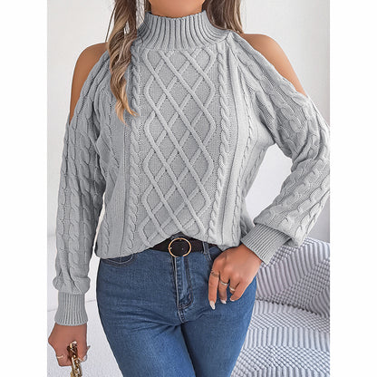 Women's Cold Shoulder Pullover - High Neck Long Sleeve Lightweight Sweater Top