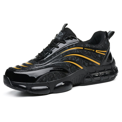 Black and yellow safety sneaker with mesh upper and cushioned sole for work