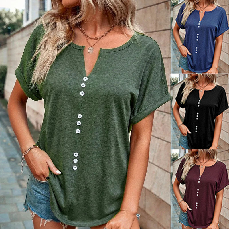 V Neck Blouse - Summer Tops With Button Design & Loose Fit Shirt
