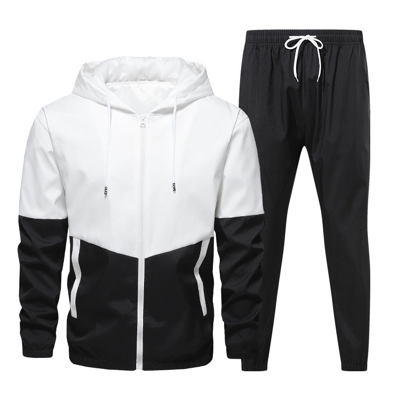 Men's black and white hooded zipper jacket and black drawstring jogger pants sportswear set