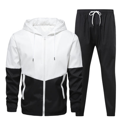 Men's black and white hooded zipper jacket and black drawstring jogger pants sportswear set