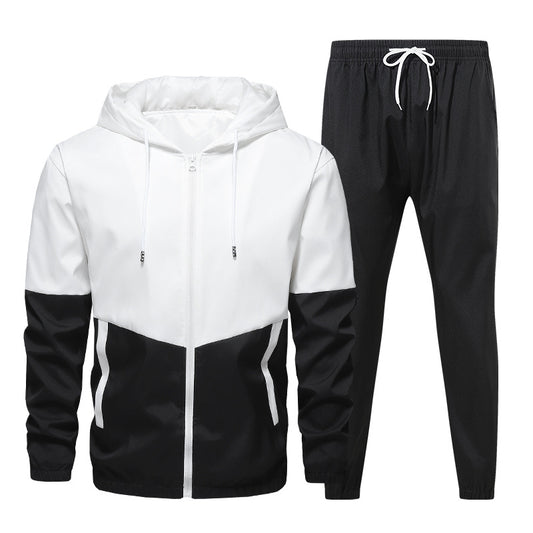 Men's black and white hooded zipper jacket and black drawstring jogger pants sportswear set
