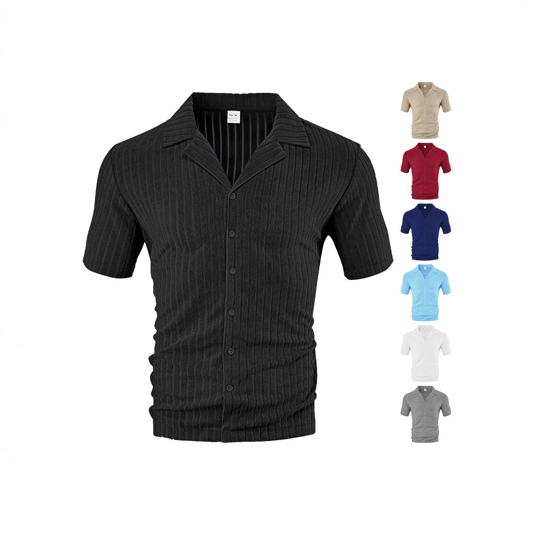 Men's ribbed short sleeve button-up shirts in multiple colors including black, beige, red, blue, white, and gray