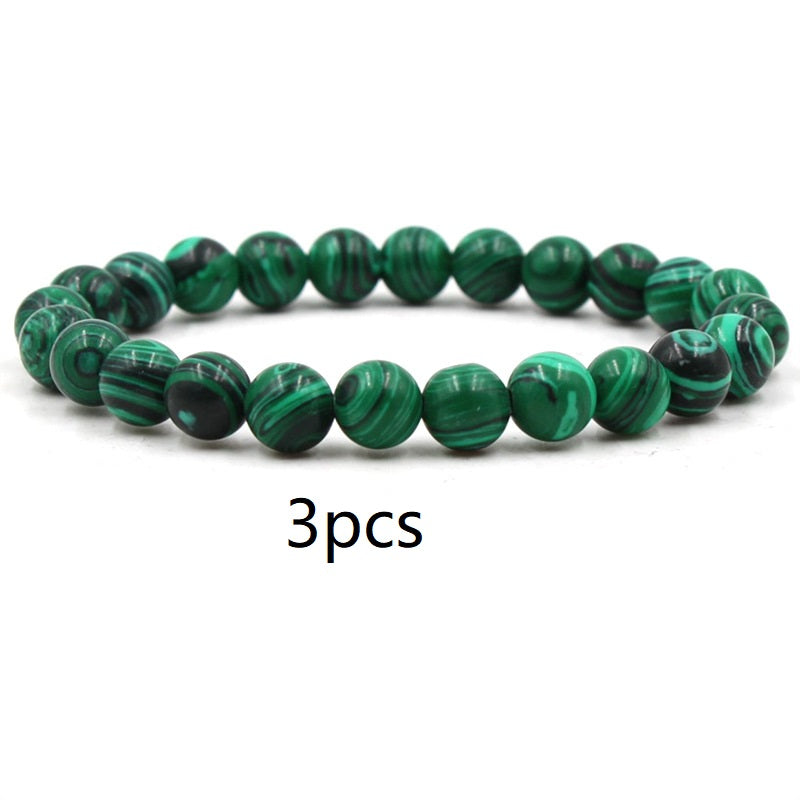 Malachite Bracelets - Elastic Strand Jewelry With Black Matte Green Beads