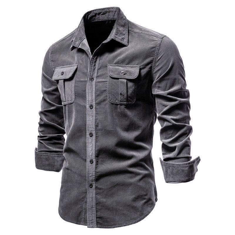 Men's grey casual button-up shirt with chest flap pockets and rolled-up sleeves