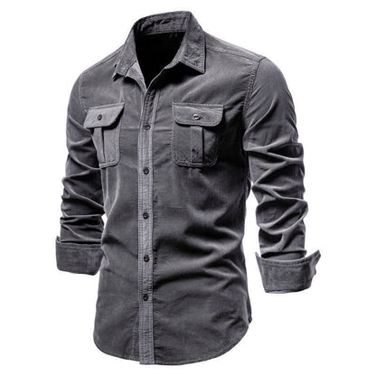 Men's grey casual button-up shirt with chest flap pockets and rolled-up sleeves