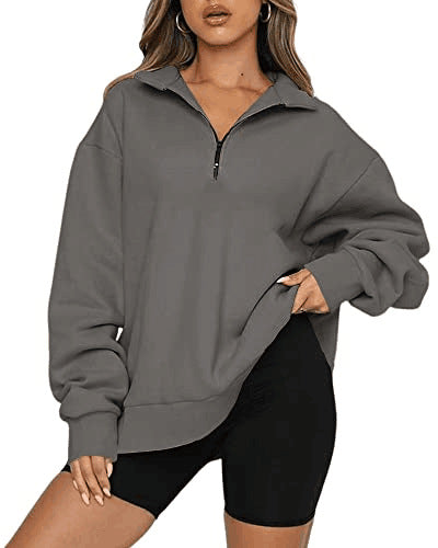 Women Zip Sweatshirt - Loose Pullover With Turndown Collar | Casual Tops