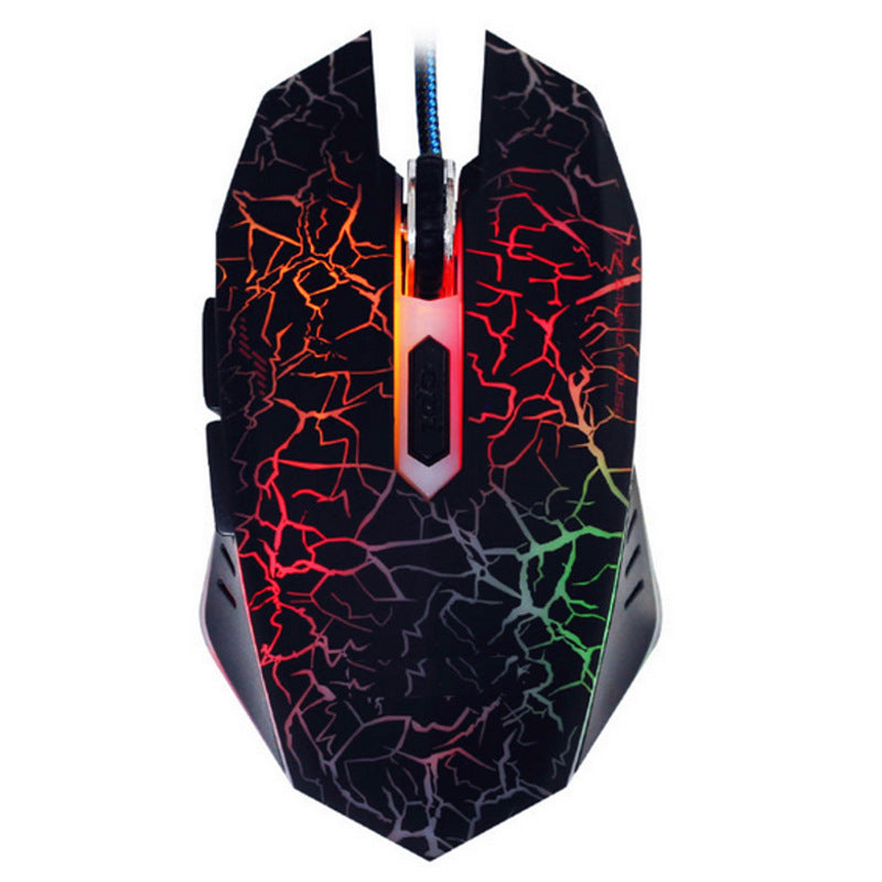 Black wired gaming mouse with multicolor crackled LED lighting and scroll wheel