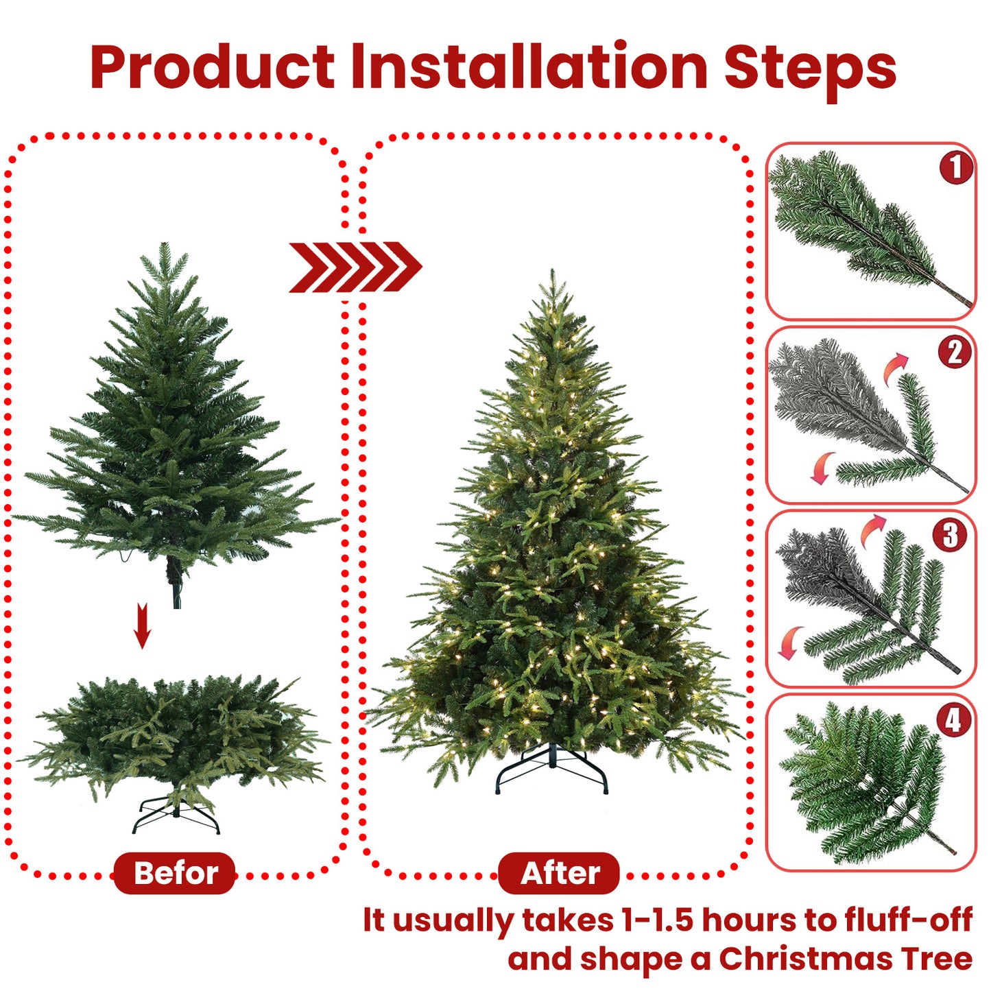Before and after fluffing and shaping an artificial Christmas tree with detailed installation steps