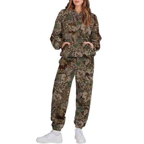 Camouflage Sports Set - Women's Loose Fit Tracksuit With Hooded Sweatshirt & Pants